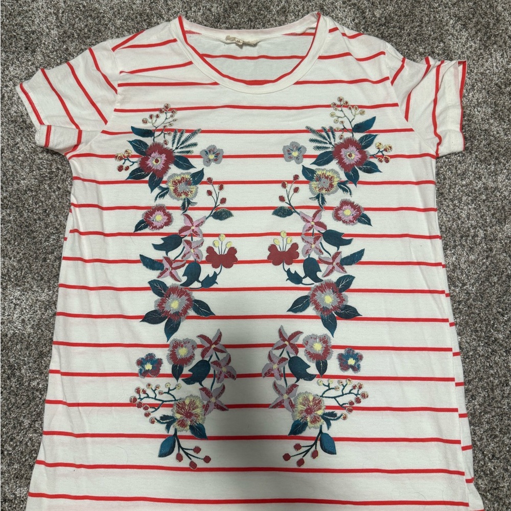 Entro Red and White Striped Floral Tee